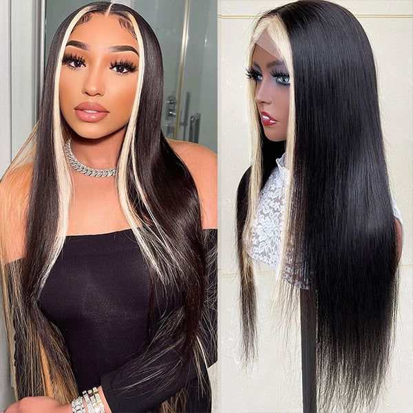 Skunk Stripe 1B/613 Colored Straight Blonde Lace Front Human Hair Wig Transparent Lace Wigs for Women