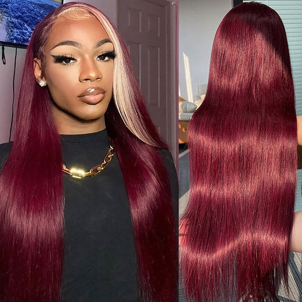 Skunk Stripe 99J Burgundy Blonde Color Straight 13x4 Transparent Lace Front Human Hair Wig with Pre Plucked