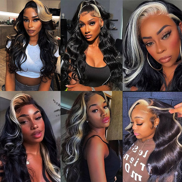 Allove Skunk Stripe Natural Black with 613 blonde Body wave 13x4 Transparent Lace Front Human Hair Wig