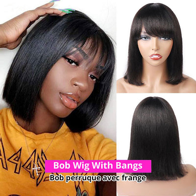 Glueless Wig With Bangs Straight Machine Made Human Hair Wigs for Women Natural Color