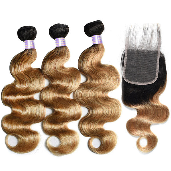 T1B/27 Honey Blonde Color Brazilian Body Wave Hair 3 Bundles With 4x4 Lace Closure Human Hair Weave