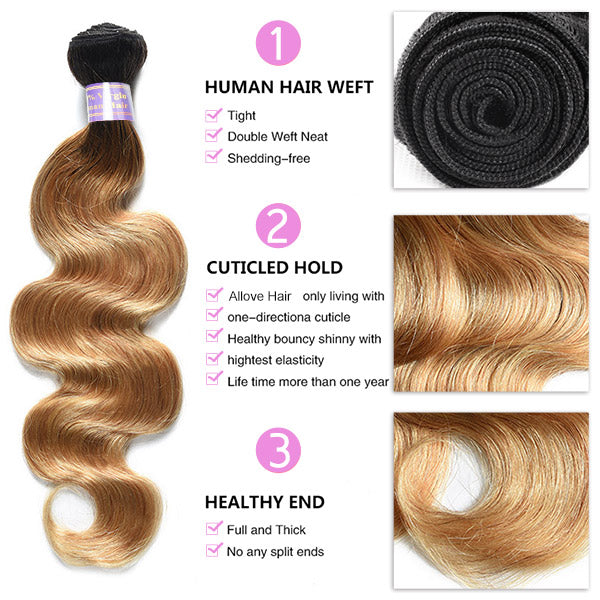 T1B/27 Honey Blonde Color Brazilian Body Wave Hair 3 Bundles With 4x4 Lace Closure Human Hair Weave