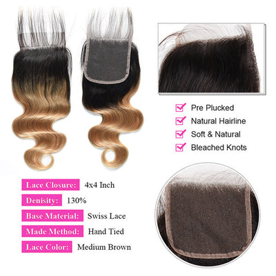 T1B/27 Honey Blonde Color Brazilian Body Wave Hair 3 Bundles With 4x4 Lace Closure Human Hair Weave