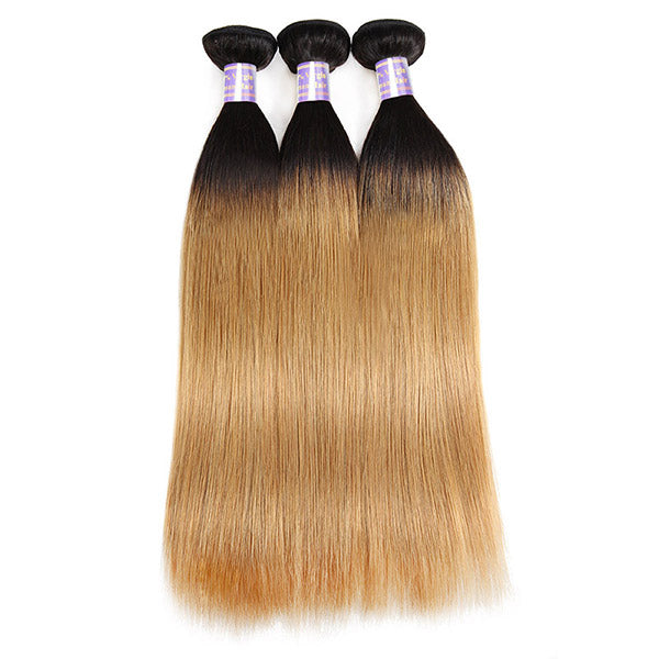 T1B/27 Honey Blonde Color Brazilian Straight Hair 3 Bundles With 4x4 Lace Closure