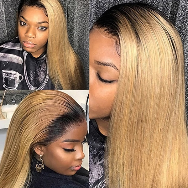 T1B/27 Honey Blonde Color Brazilian Straight Hair 3 Bundles With 4x4 Lace Closure