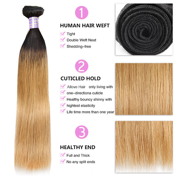 T1B/27 Honey Blonde Color Brazilian Straight Hair 3 Bundles With 4x4 Lace Closure