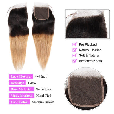 T1B/27 Honey Blonde Color Brazilian Straight Hair 3 Bundles With 4x4 Lace Closure