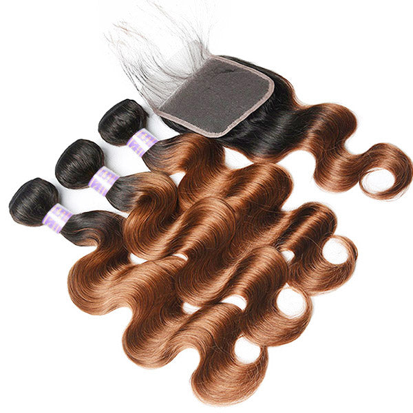 T1B/30 Color Brazilian Body Wave Hair 3 Bundles With 4x4 Lace Closure Human Hair Extensions