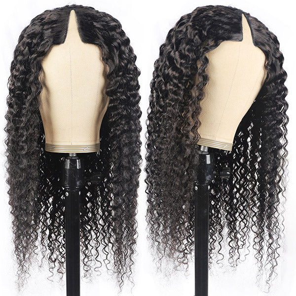 V Part Wig Human Hair No Leave Out Side Part Deep Curly Lace Frontal Wigs Brazilian Human Hair Wigs for Women