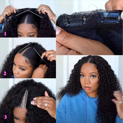 V Part Wig Human Hair No Leave Out Side Part Deep Curly Lace Frontal Wigs Brazilian Human Hair Wigs for Women
