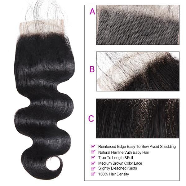 Malaysian Body Wave 4 Bundles with 4*4 Lace Closure Virgin Human Hair