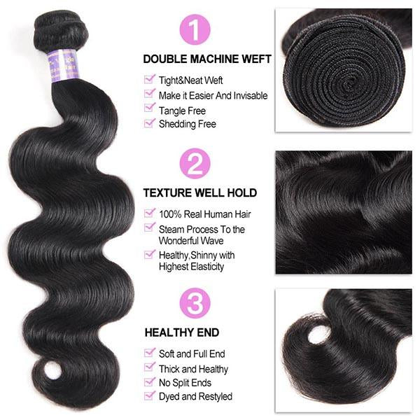 Brazilian Body Wave Hair 3 Bundles with Transparent 4*4 Lace Closure