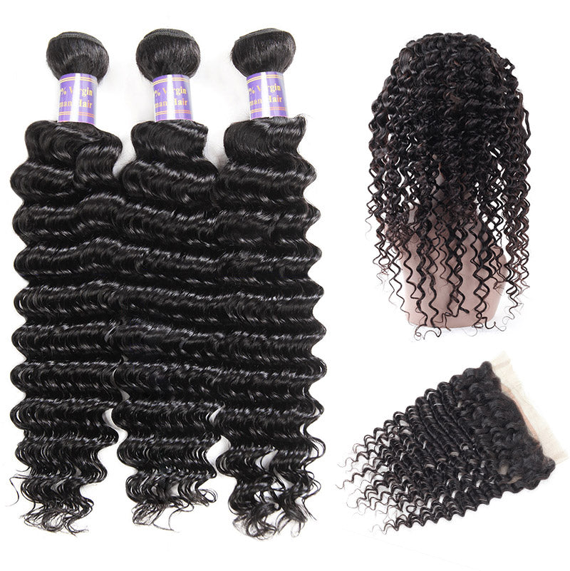 Allove Hair Brazilian Deep Wave 3 Bundles with 360 Lace Frontal Closure : ALLOVEHAIR