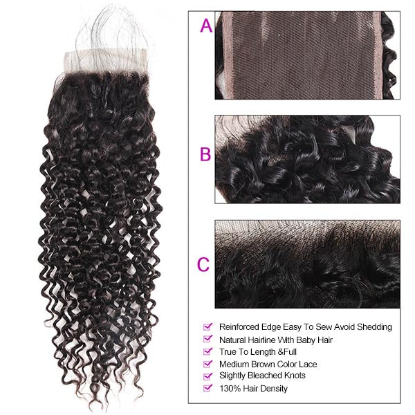 Malaysian Kinky Curly 3 Bundles with Lace Closure Virgin Human Hair