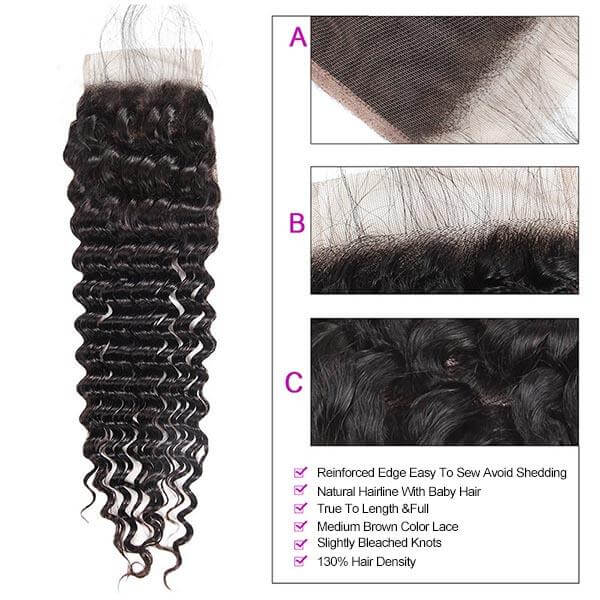 Allove Hair Brazilian Deep Wave 3 Bundles with 4*4 Lace Closure Virgin Hair