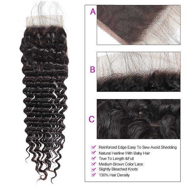 Malaysian Deep Wave 4 Bundles with 4*4 Lace Closure Virgin Human Hair