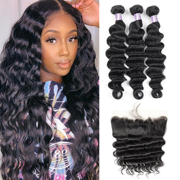 Allove Hair Brazilian Loose Deep Wave Human Hair 3 Bundles with 13*4 Lace Frontal