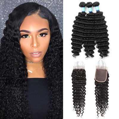 10A Remy Brazilian Deep Wave Hair 3 Bundles With 4*4 Lace Closure With Baby Hair : ALLOVEHAIR