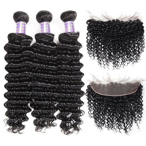 Indian Deep Wave 3 Bundles with 13*4 Lace Frontal Virgin Human Hair : ALLOVEHAIR