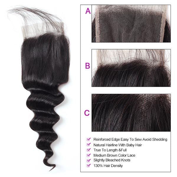 Allove Hair Brazilian Loose Deep Wave Hair 3 Bundles With 4*4 Lace Closure