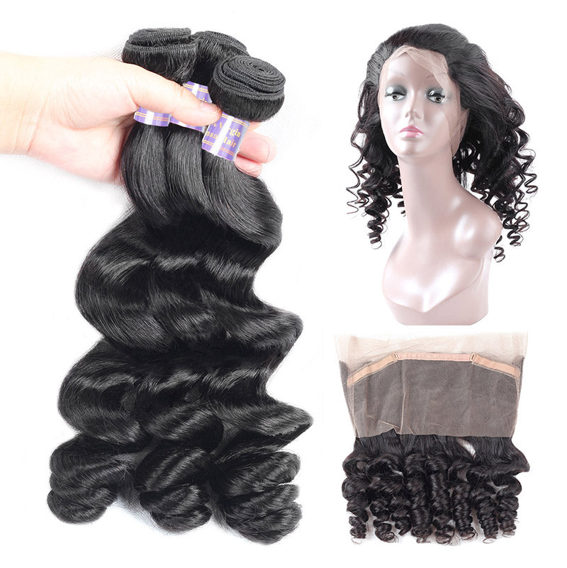 Brazilian Loose Wave Virgin Human Hair 3 bundles With 360 Lace Closure