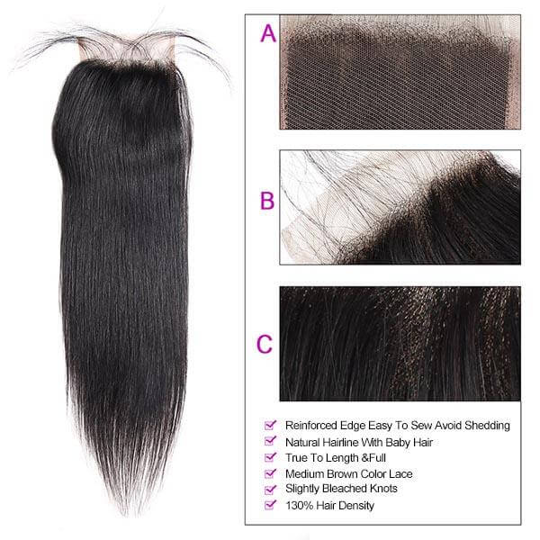 Allove Brazilian Straight Virgin Hair 3 Bundles with 4*4 Lace Closure