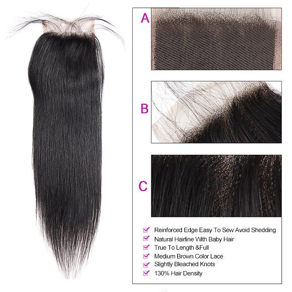 Peruvian Straight Hair 3 Bundles With 4*4 Lace Closure