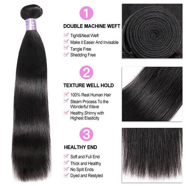 Allove Brazilian Straight Virgin Hair 3 Bundles with 4*4 Lace Closure