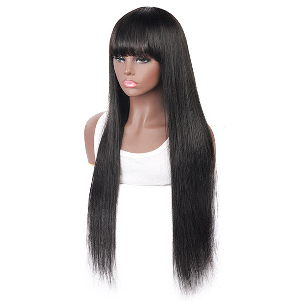 Allove Straight Full Machine Made Wig With Neat Bangs No Lace Affordable 100% Human Hair Wig