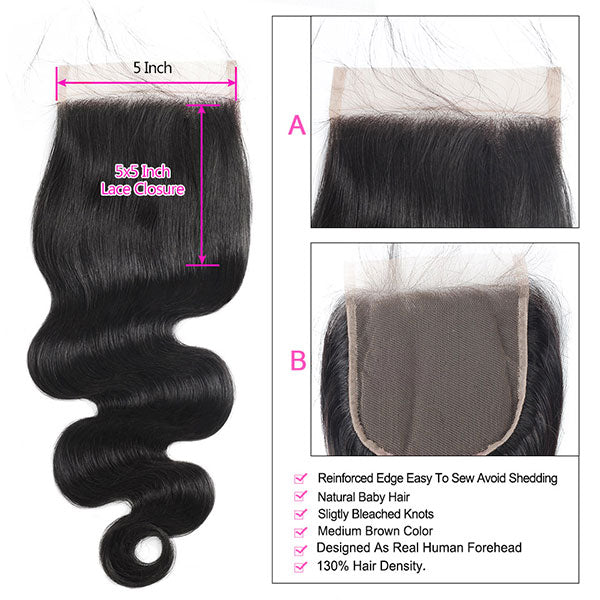 Allove Hair Brazilian Body Wave Virgin Hair 3 Bundles with 5*5 Lace Closure : ALLOVEHAIR