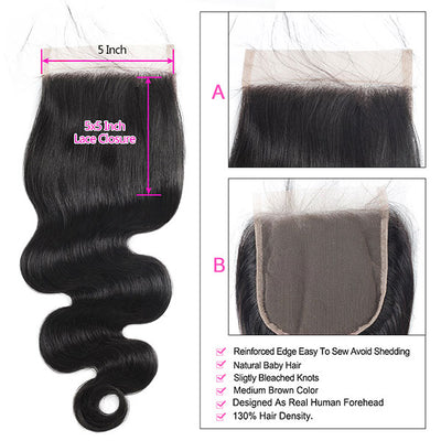 Allove Hair Brazilian Body Wave Virgin Hair 3 Bundles with 5*5 Lace Closure : ALLOVEHAIR