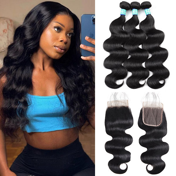 Allove 10A Remy Brazilian Body Wave Hair 3 Bundles With 4*4 Lace Closure With Baby Hair