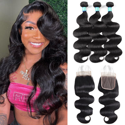 10A Remy Malaysian Body Wave Hair 3 Bundles With 4*4 Lace Closure With Baby Hair
