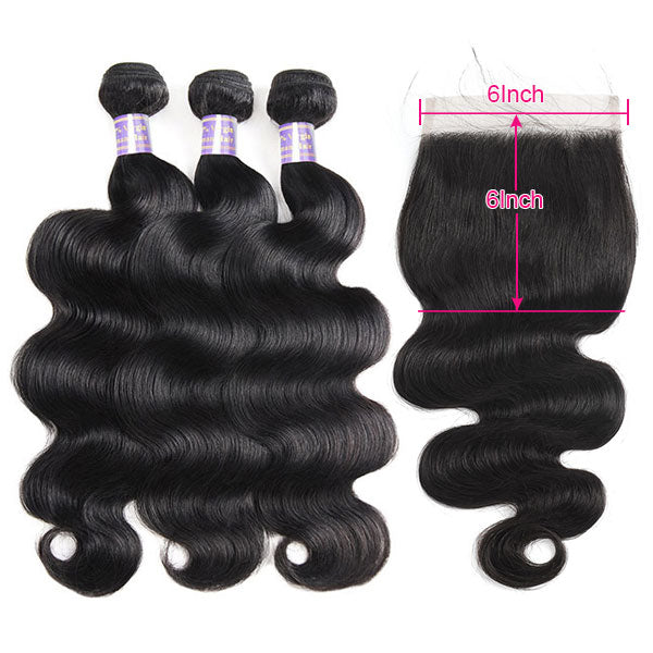 Allove Hair Brazilian Body Wave 3 Bundles with 6*6 Transparent Lace Closure Human Hair Extensions