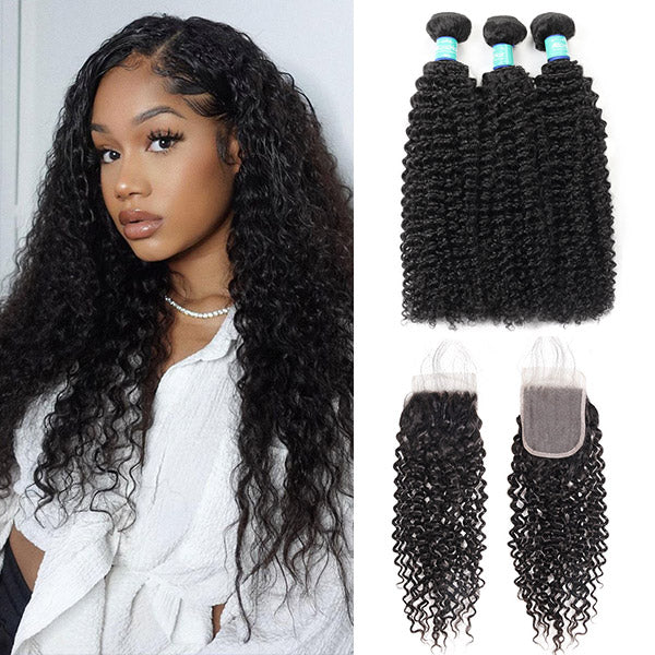 10A Remy Brazilian Kinky Curly Hair 3 Bundles With 4*4 Lace Closure With Baby Hair
