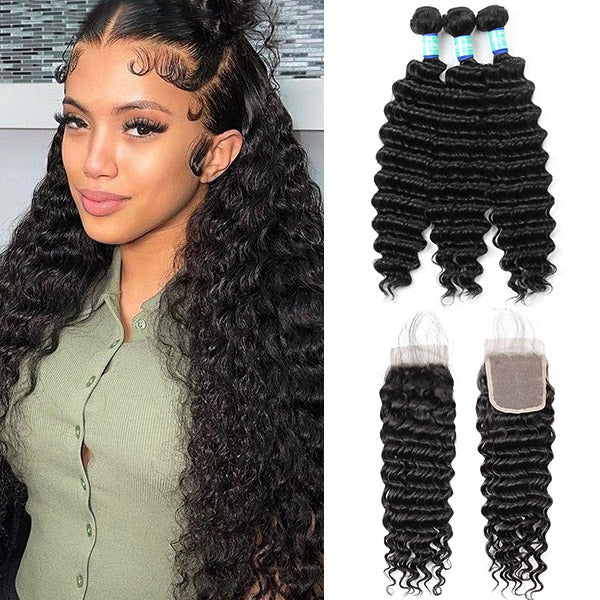10A Remy Peruvian Deep Wave Hair 3 Bundles With 4*4 Lace Closure With Baby Hair
