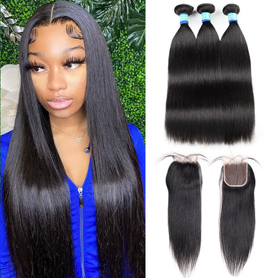 10A Remy Brazilian Straight Hair 3 Bundles With 4*4 Lace Closure With Baby Hair