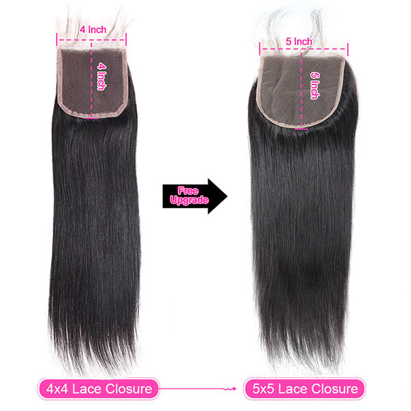 Allove Brazilian Straight Human Hair 3 Bundles with 5*5 Transparent Lace Closure