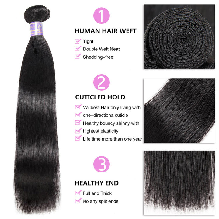 Allove Hair Brazilian Straight Hair 3 Bundles with 4*4 Transparent Lace Closure